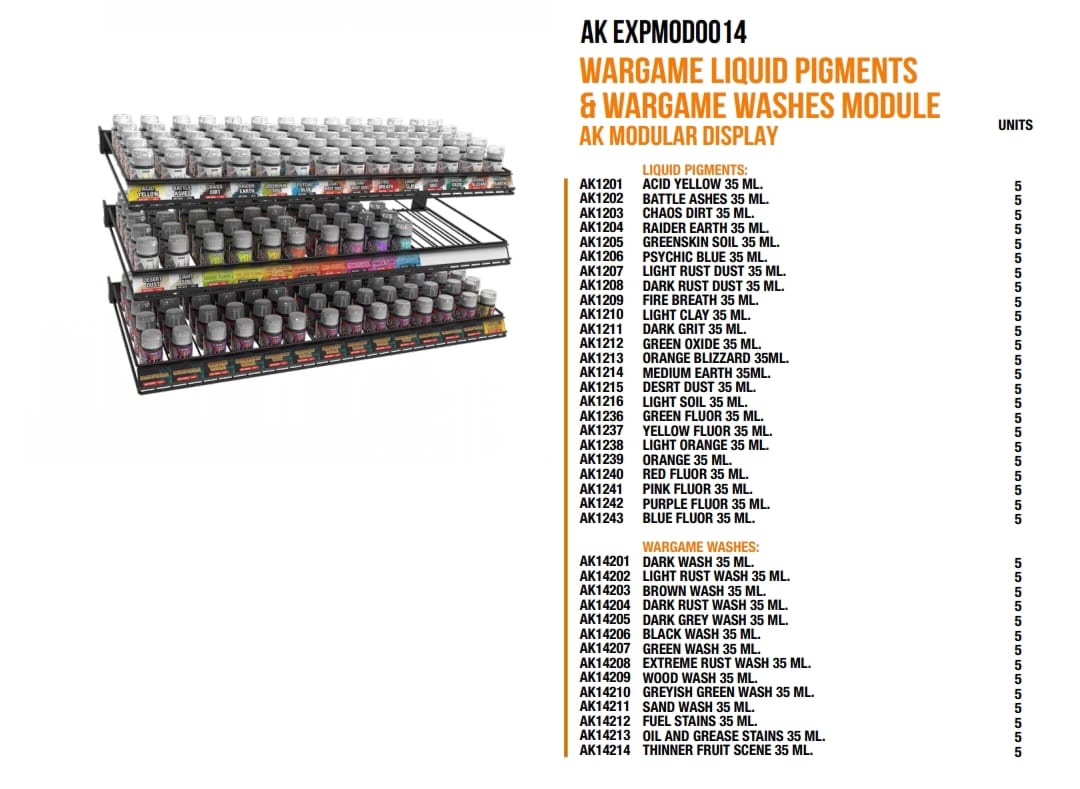 AK Interactive Wargame Liquid Pigments & Wargame Washes Retail Display Rack Shelf Module (order on demand)